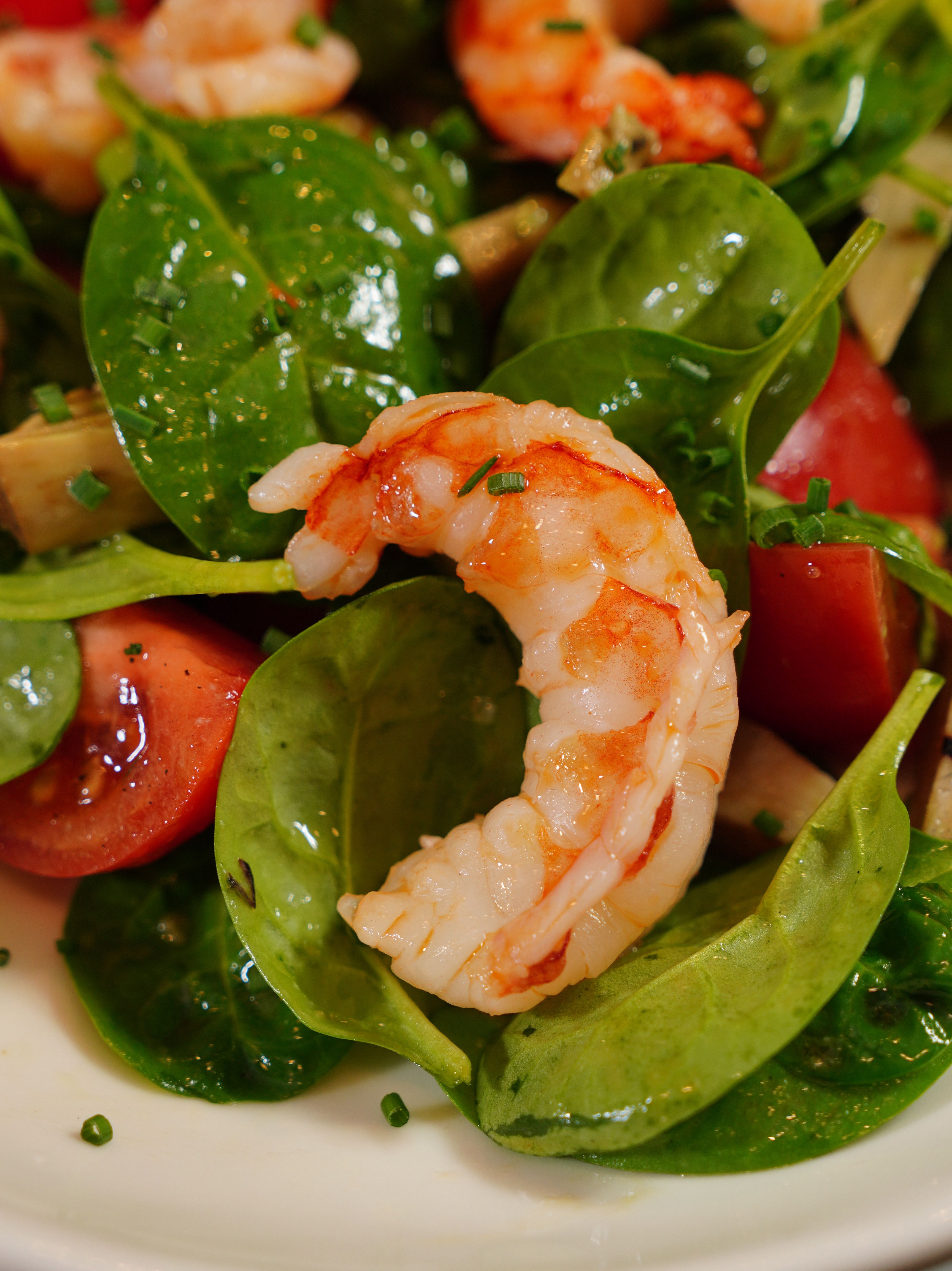 Delicious close-up of a fresh shrimp and spinach salad with tomatoes.