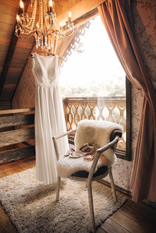 View of the Wedding Dress and Accessories in a Room 