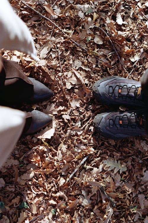 Shoes of People Standing on Autumn Leaves