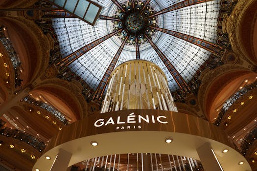 Ornate interior dome of Galeries Lafayette in Paris, showcasing luxury and architectural beauty.