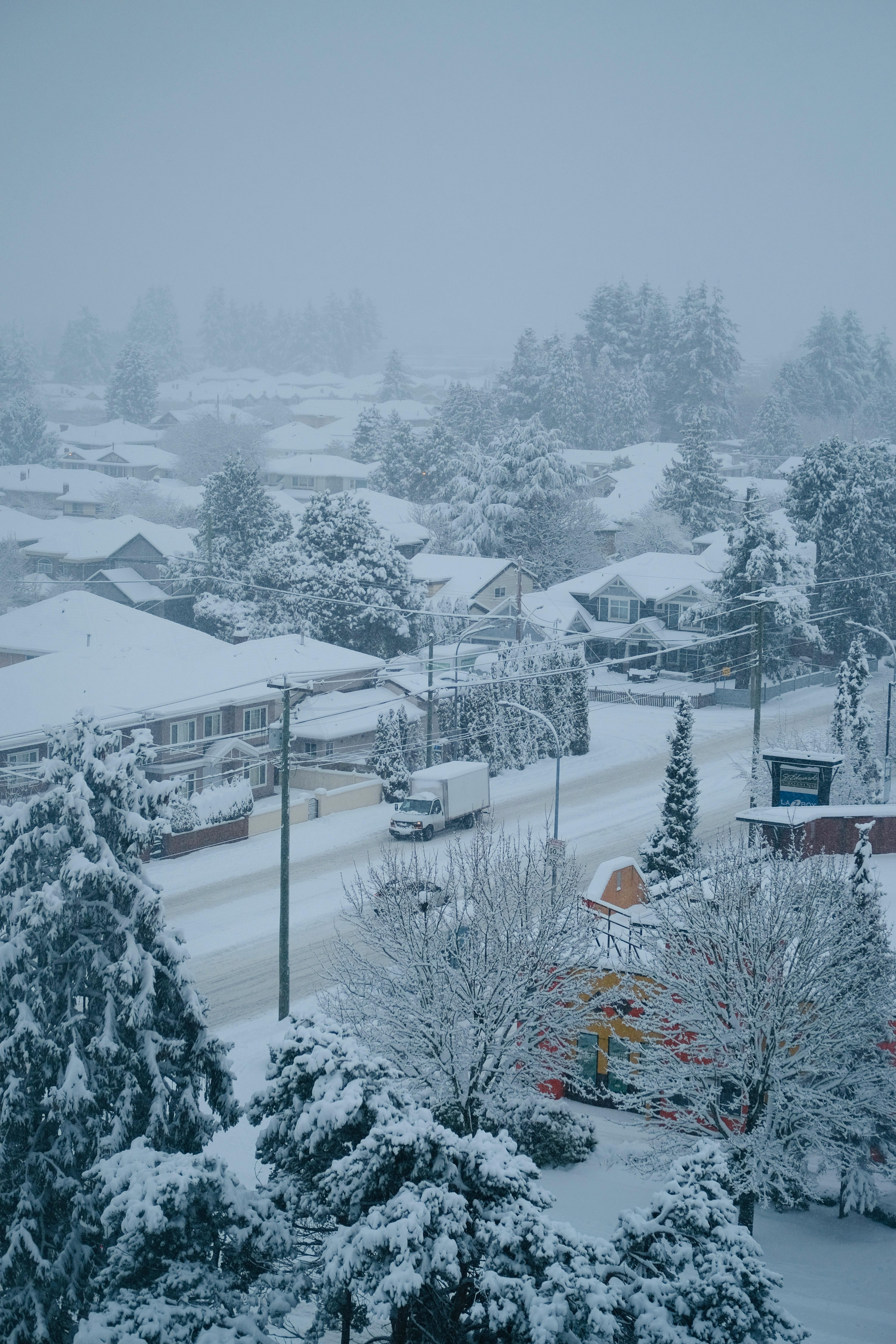 A scenic view of a snow-covered residential street lined with houses and trees in a winter wonderland setting.