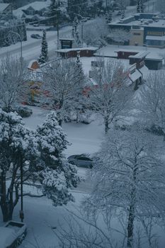 Aerial view of a snowy town street with buildings and trees during winter.