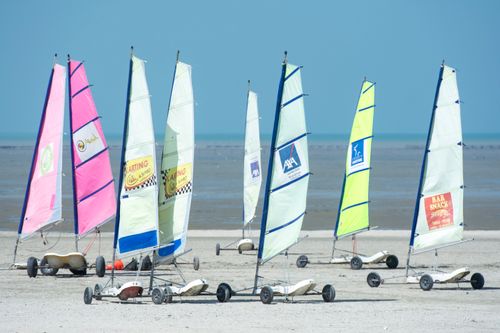 Free Vibrant land sails on a sunny beach, ready for sand yachting adventure. Stock Photo