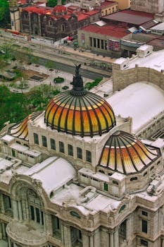 A stunning aerial view of the iconic Palacio de Bellas Artes in Mexico City showcasing its vibrant dome.