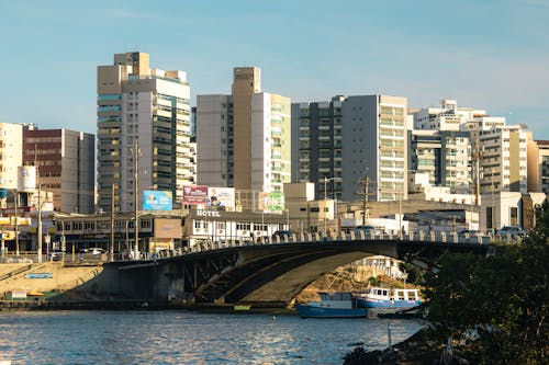 Bridge on River and City Buildings behind