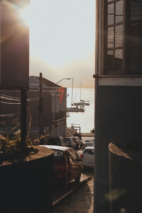 Sunset Sunlight over Street in Town on Coast