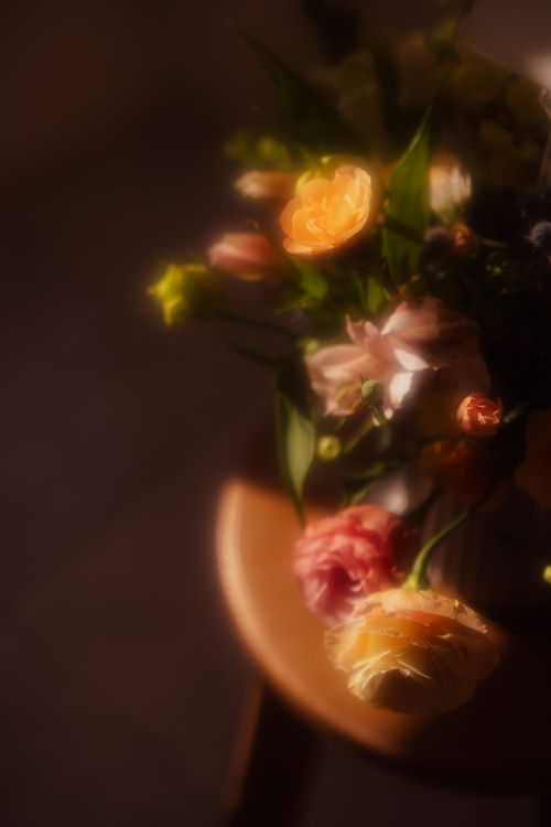 Free A blurred floral arrangement with roses and leaves in warm, soft lighting on a wooden table. Stock Photo