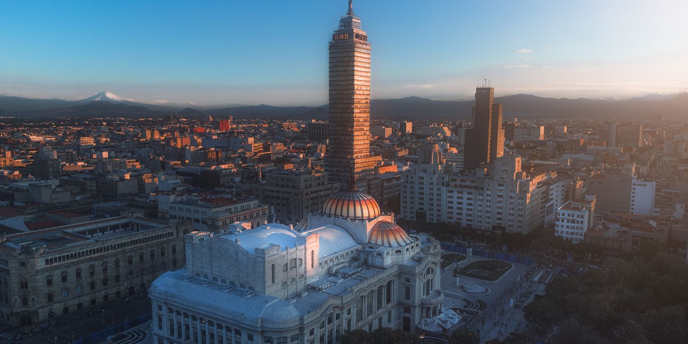 Mexico City skyline with the Torre Latinoamericana at sunset