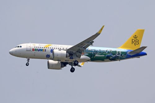 Free Royal Brunei Airlines Airbus A320neo airplane in flight displaying unique livery. Stock Photo