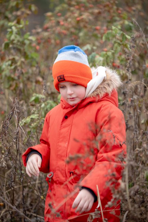Free Young boy in a vibrant red jacket and colorful hat explores a meadow in winter. Stock Photo