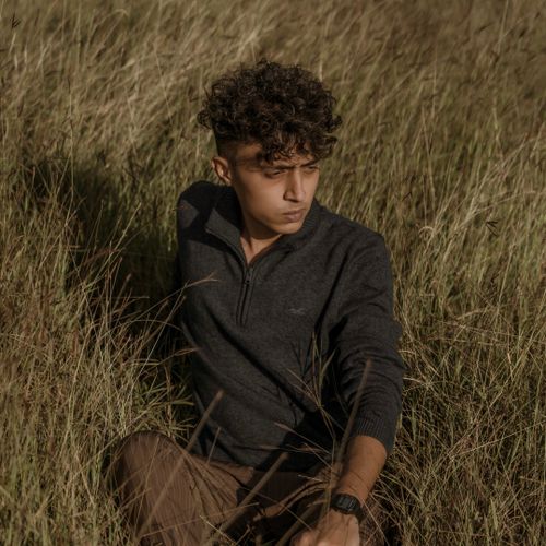 Free Model with curly hair poses in grass wearing a gray pullover outdoors. Stock Photo