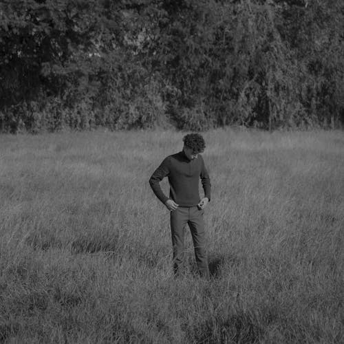Model on Grassland in Black and White