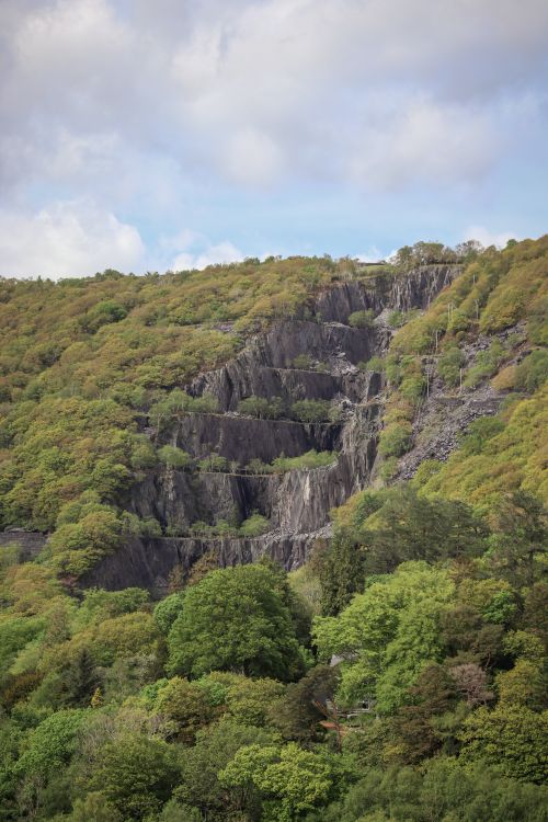Free A breathtaking view of a lush forest and rocky hillside under a blue sky, showcasing nature's beauty. Stock Photo