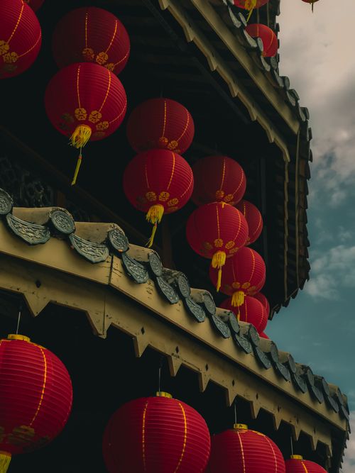 Free Red lanterns adorning a traditional Chinese temple in Teluk Intan, Malaysia. Stock Photo