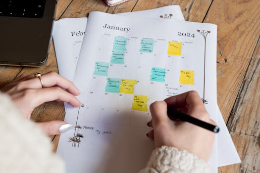 A woman marking events on a January 2024 calendar with colorful notes, focusing on planning.