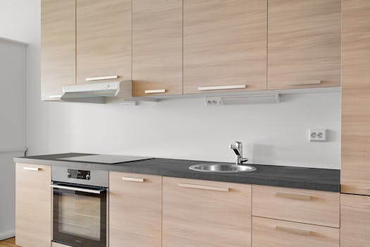 A sleek and modern kitchen with wooden cabinets and a stylish sink.