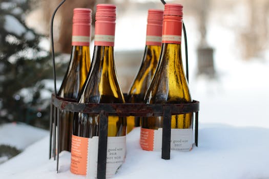 Five wine bottles resting in a metal rack on snow, capturing winter ambiance.