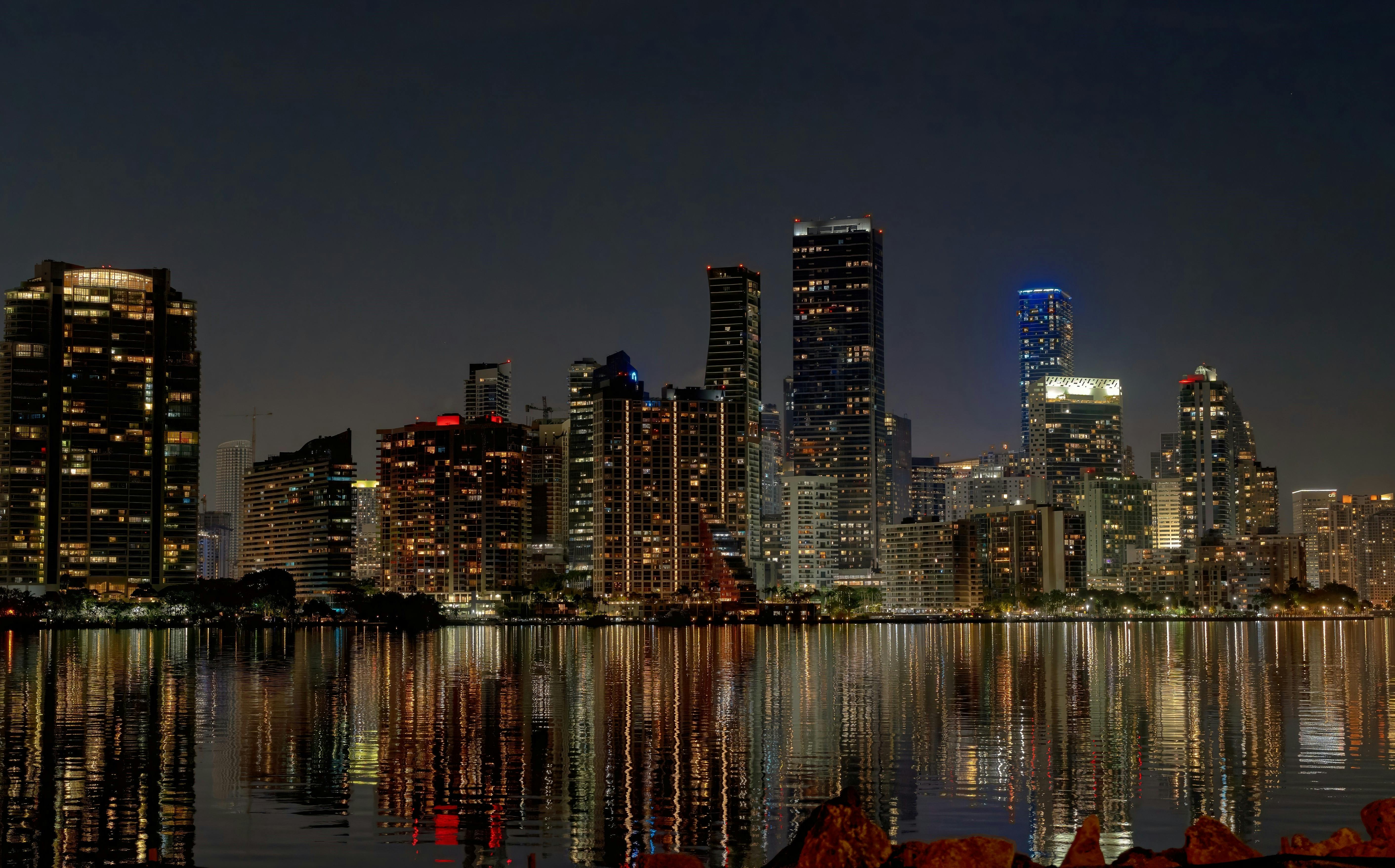 Miami downtown skyline with modern glass towers and clear sky