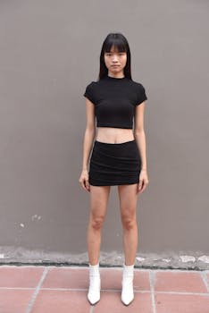 Stylish portrait of a young woman in black outfit and white boots standing against a gray wall.