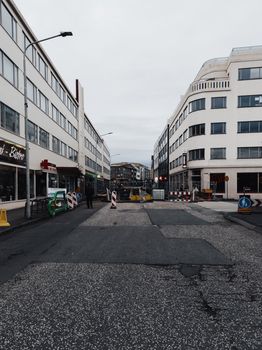 City street view in Reykjavík with roadworks and modern architecture.