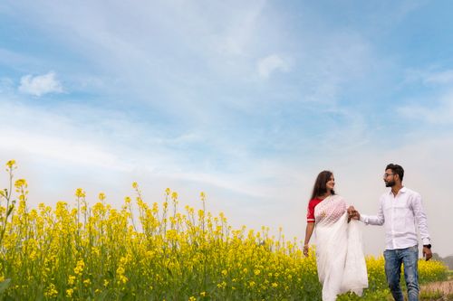 Free An Indian couple walking hand in hand through a vibrant mustard field in Orgram, India. Stock Photo