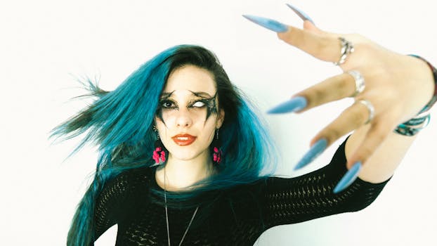 A striking portrait of a woman with blue hair, dramatic makeup, and long manicured nails against a white background.