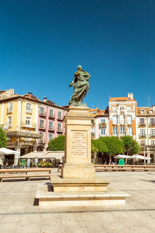 Free Sunlit view of Carlos II monument in vibrant Burgos city square, Spain. Stock Photo