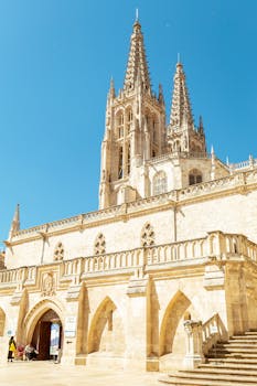 Gothic Burgos Cathedral under a clear blue sky, showcasing intricate architecture in Spain.