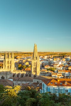 Stunning aerial shot of Burgos Cathedral amidst the cityscape, captured during daytime with a clear sky.