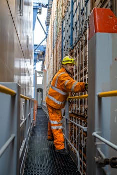 A worker in safety gear manages cargo containers on a ship in Felixstowe port.