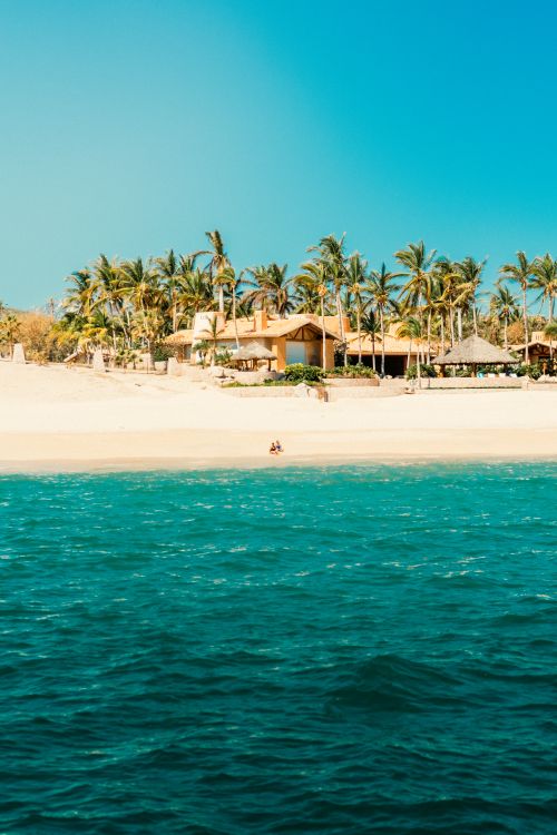 Free Idyllic beachfront scene with turquoise waters and palm-lined resort in Cabo San Lucas. Stock Photo