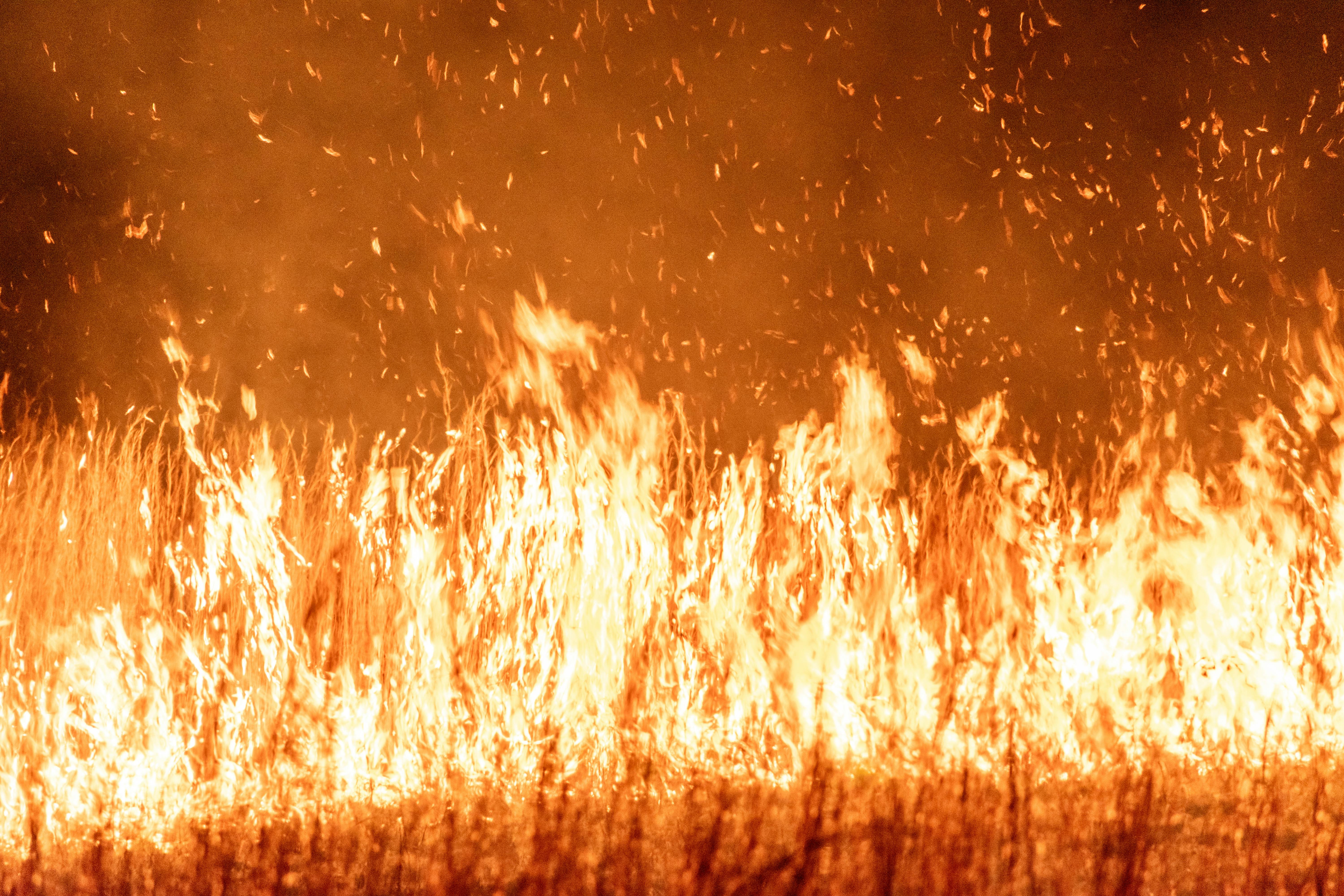 Intense flames and smoke rise from a grass fire during twilight, creating a dramatic scene.