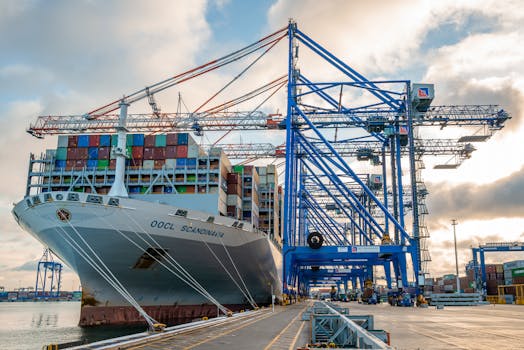 Container ship OOCL Scandinavia docked in Gdańsk harbor with cranes and cargo containers.