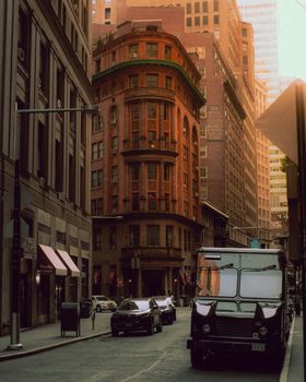 Captivating view of Manhattan's historic architecture in a bustling city street.