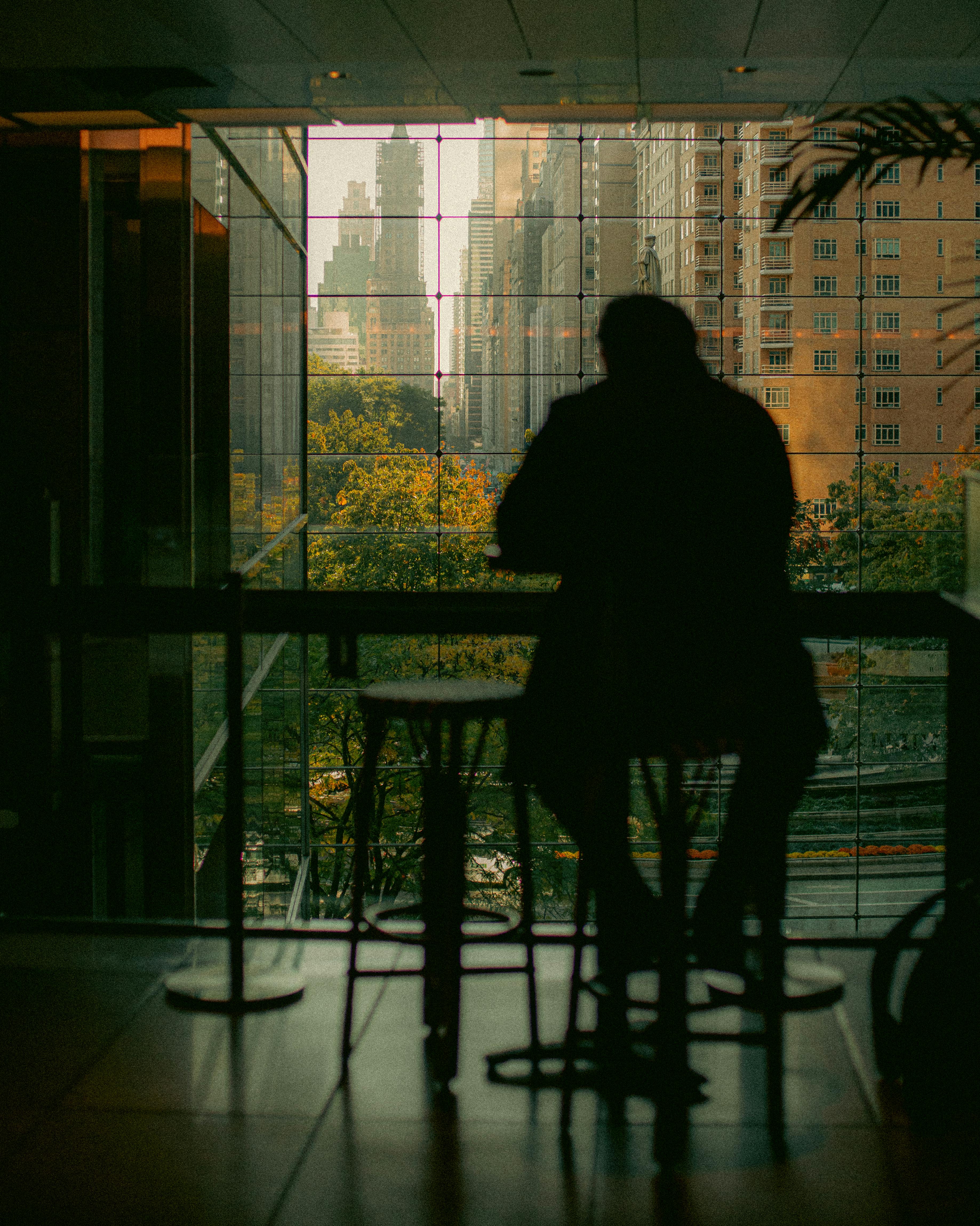 Silhouette of a person in a cafe with a stunning view of New York City skyline at dusk.