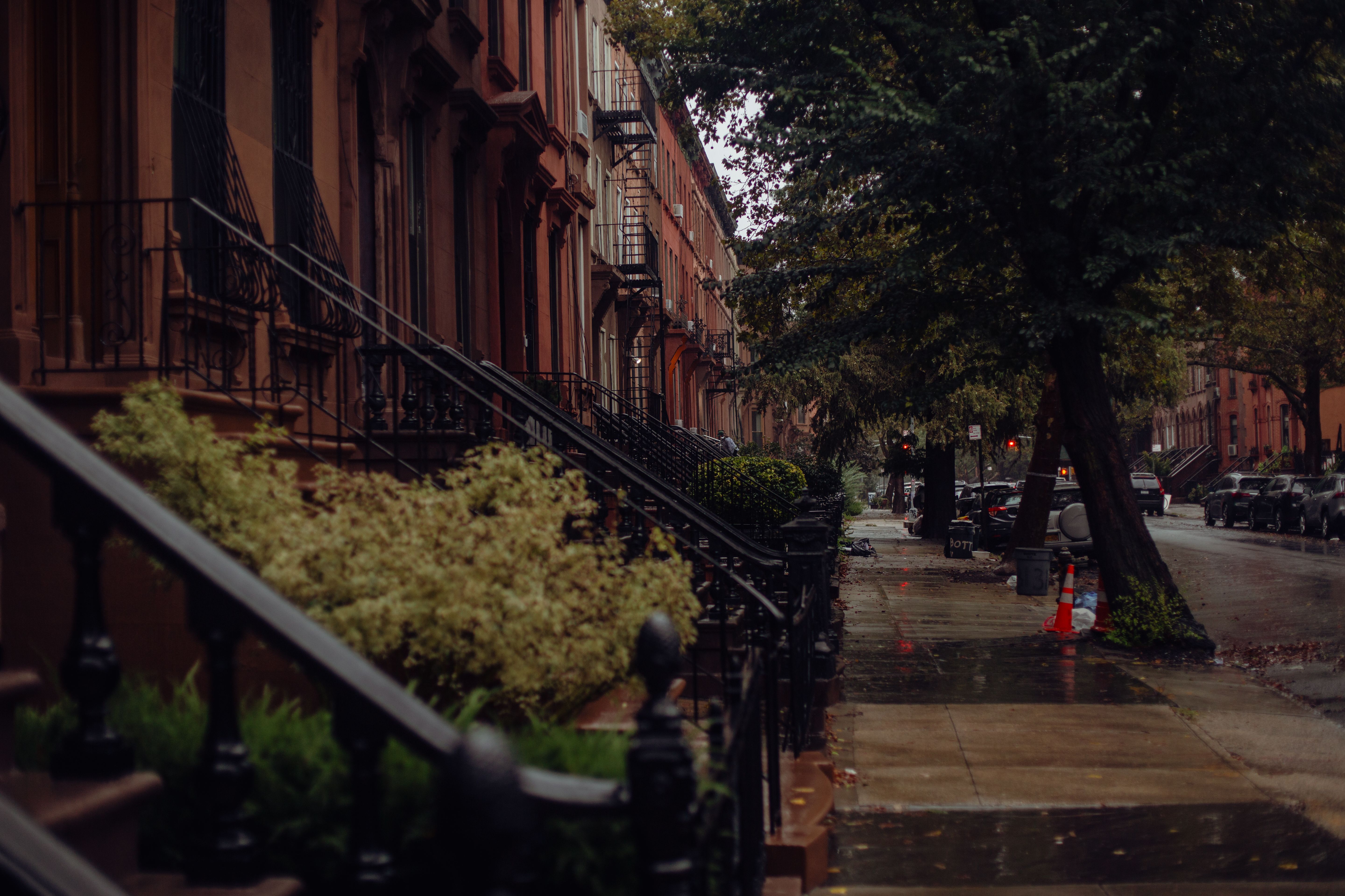 Historic Harlem brownstone street with Pride flags hanging from windows