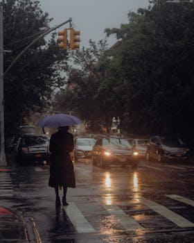 Person with umbrella crossing a rainy city street at night, urban and moody scene.
