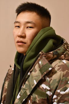 Asian man wearing a camouflage jacket and hoodie, showcasing casual fashion.