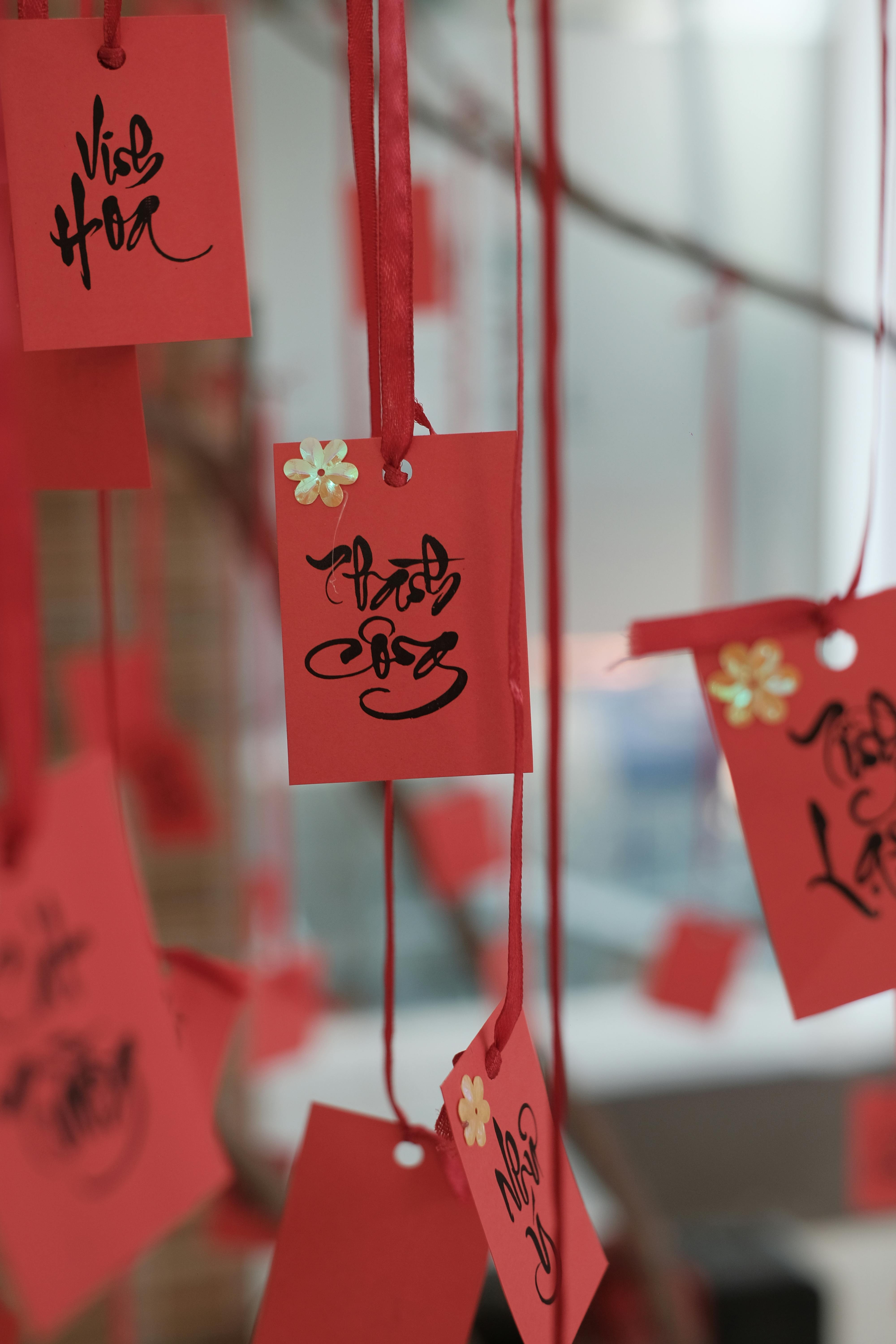Selective focus on traditional red wish tags with Chinese calligraphy.