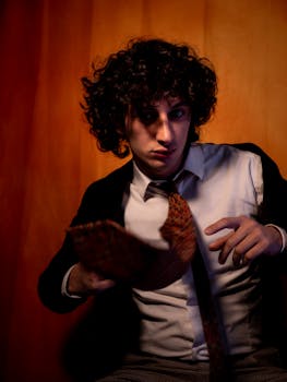 Moody portrait of a man with curly hair holding a hat against an orange backdrop.