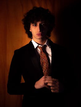 Handsome man in formal attire posing with a confident expression against a warm backdrop.