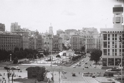 Free Aerial view of Kyiv's iconic architecture in black and white photo. Stock Photo