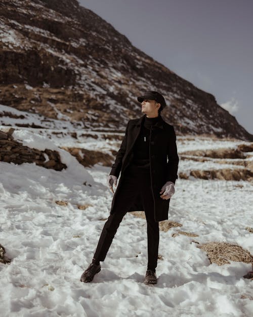 Man in Black Coat and Cap in Winter