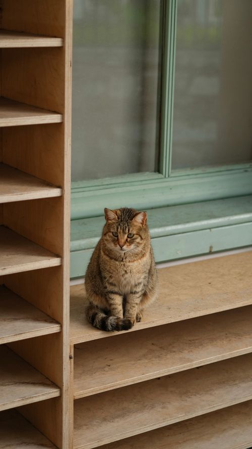 Free A tranquil tabby cat sits on a wooden shelf next to a window indoors, capturing a cozy moment. Stock Photo