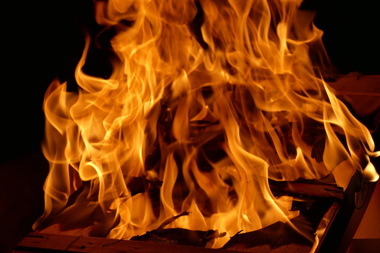 a close up of vibrant orange flames and engulfing firewood highlightin