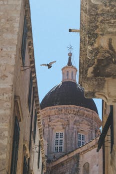 蔚蓝的天空下，历史悠久的教堂圆顶和建筑构成美丽的景色