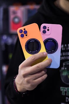 Close-up of two colorful smartphone cases held by a person, showcasing modern design.