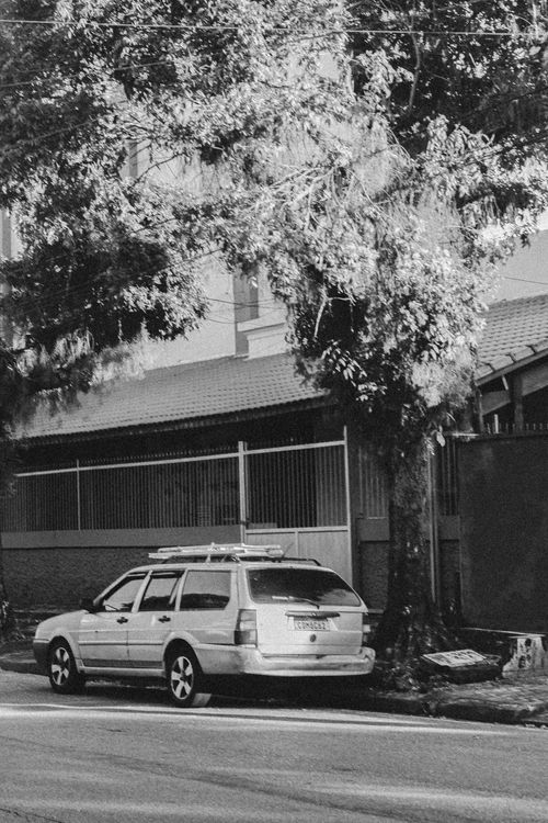 Free Monochromatic image of a parked car on a street with tree and building backdrop. Stock Photo
