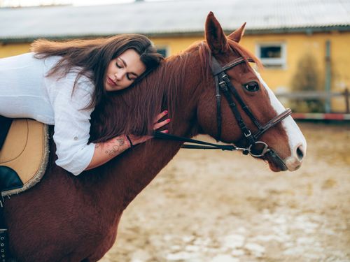 Free A woman peacefully rests on a brown horse in a rural setting, Trenčín, Slovakia. Stock Photo