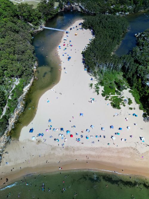 Free High-angle drone shot of a crowded beach surrounded by dense forests and a winding river. Stock Photo